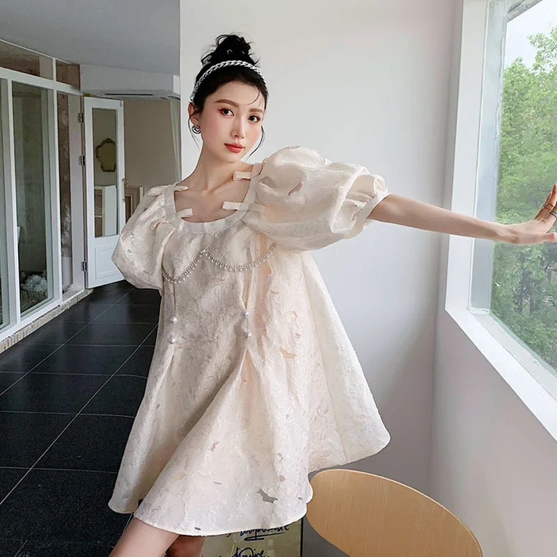 Vintage Beige Jacquard Mini Dress Women Loose Fashion Pearl Beaded O Neck Puff Sleeve Elegant Summer 2023 Short Dresses Vestidos
Vintage Beige Jacquard Mini Dress Women Loose Fashion Pearl Beaded O Neck Puff Sleeve Elegant Summer 2023 Short Dresses Vestidos
