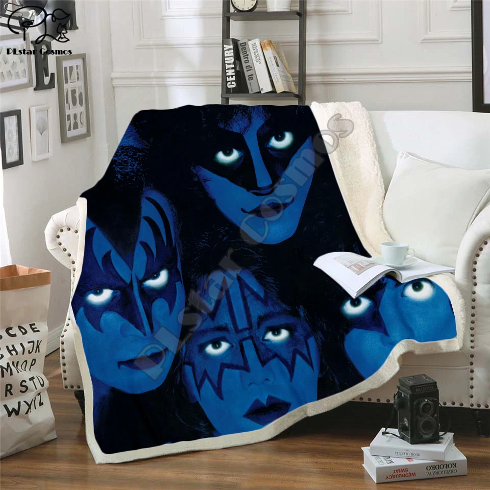 Плед для вечерние НКИ Plstar Cosmos Band KISS Rock & Roll All Nite с 3D рисунком шерпа на кровати