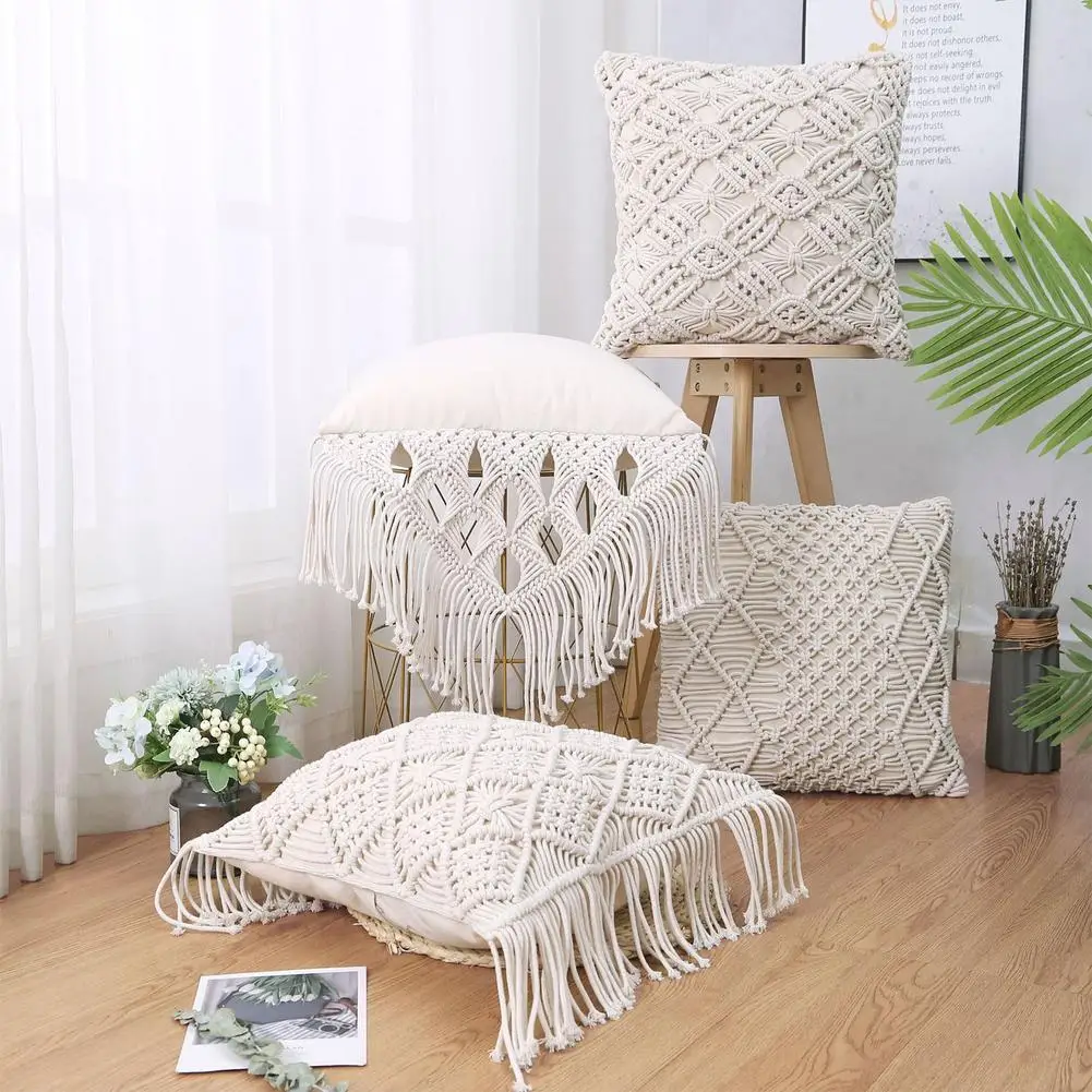 

Cushion Covers 100% Cotton Linen Macrame Hand-woven Thread Pillow Covers Geometry Bohemia Style Pillowcase Home Decor 45x45cm