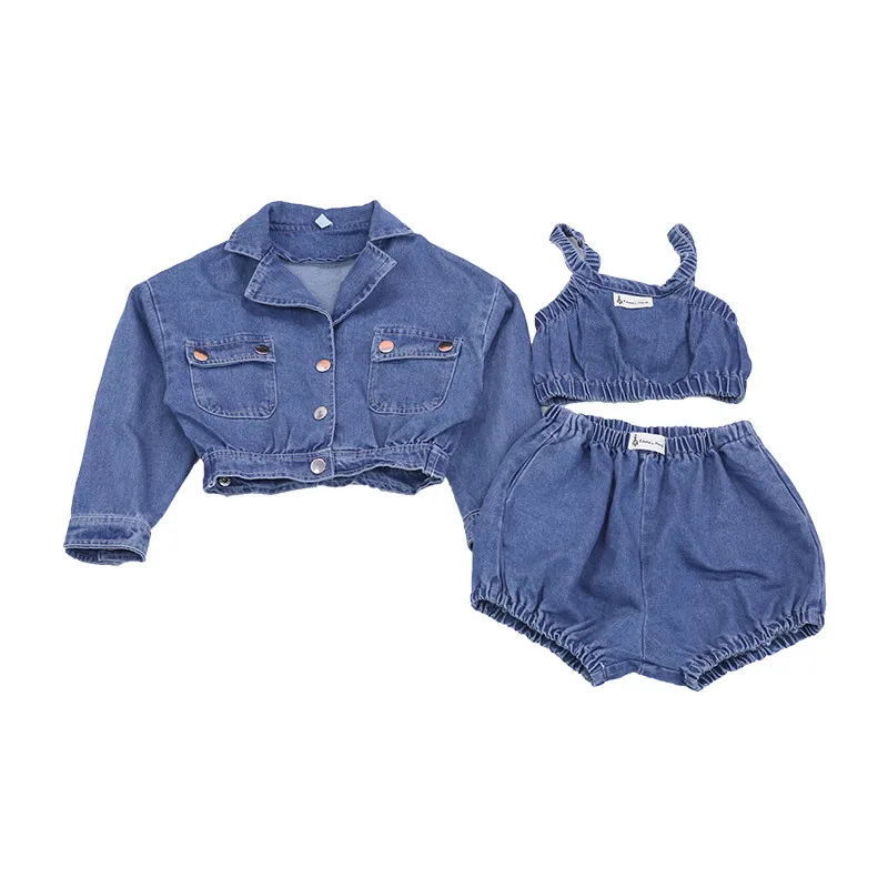 Girls denim 3pcs sets 2020 spring autumn new fashion coat + sling + shorts sets children suits kids clothes 3pcs sets ws1426 
Girls denim 3pcs sets 2020 spring autumn new fashion coat + sling + shorts sets children suits kids clothes 3pcs sets ws1426