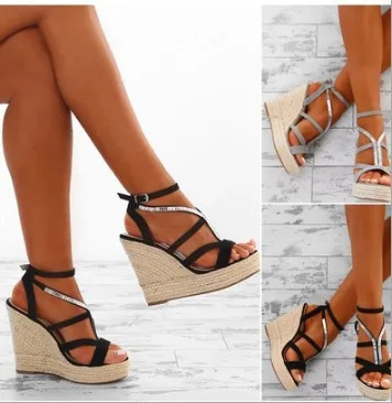 Women's shoes color matching nightclub fashion cross strap high heel shoes slope heel straw SANDALS 43 
Women's shoes color matching nightclub fashion cross strap high heel shoes slope heel straw SANDALS 43