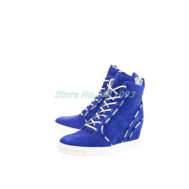 

Lace Up Height Increase Suede Boots Round Toe Blue Dress Women Shoes Wedges Ankle Dress Booties Manufacturer High Heel Shoes