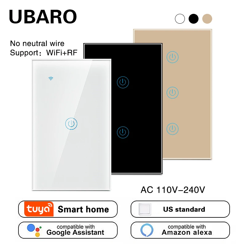 

Ubaro 118Type Crystal Glass Tuya Smart Home US Switch Alexa Voice Control Wall Light Touch Wifi Switches 1/2/3 Gang Ac100-240V