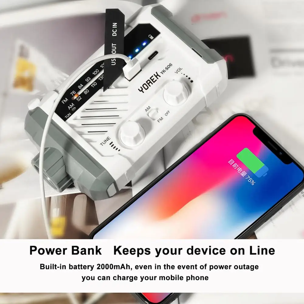 Yorek Emergency AM FM Radio, Hand Crank Battery Operated Solar Radio with LED Flashlight, Desk Lamp,2000mAh Charger,SOS Alert 
Yorek Emergency AM FM Radio, Hand Crank Battery Operated Solar Radio with LED Flashlight, Desk Lamp,2000mAh Charger,SOS Alert