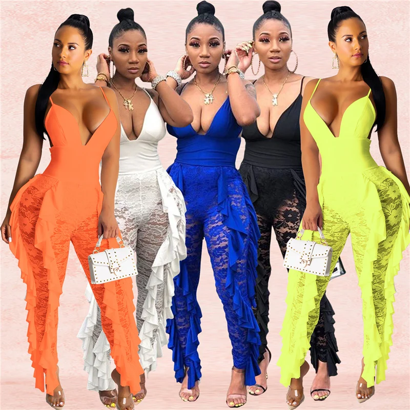 Overalls Sexy Lace Patchwork Jumpsuit Women Spaghetti Strap Romper Ruffle Hollow Sleeveless Party Deep V-Neck Outfits Bodysuit
Overalls Sexy Lace Patchwork Jumpsuit Women Spaghetti Strap Romper Ruffle Hollow Sleeveless Party Deep V-Neck Outfits Bodysuit