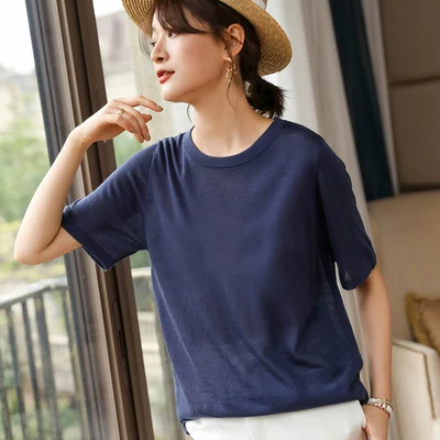 Ladies summer low round neck solid color worsted ultra-thin short-sleeved tencel knitted half-sleeved vest loose knitted T-shirt
Ladies summer low round neck solid color worsted ultra-thin short-sleeved tencel knitted half-sleeved vest loose knitted T-shirt