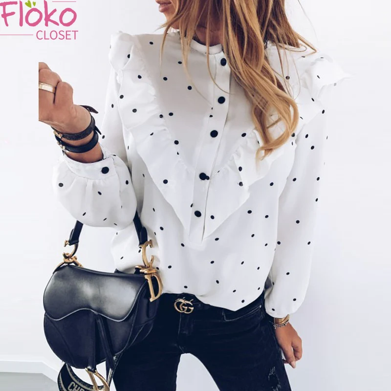 

Flokocloset Casual Ruffles Polka-Dot Print Long Sleeve Shirt Spring Autumn Office Lady O-Neck Button Up Shirts Women Tops
