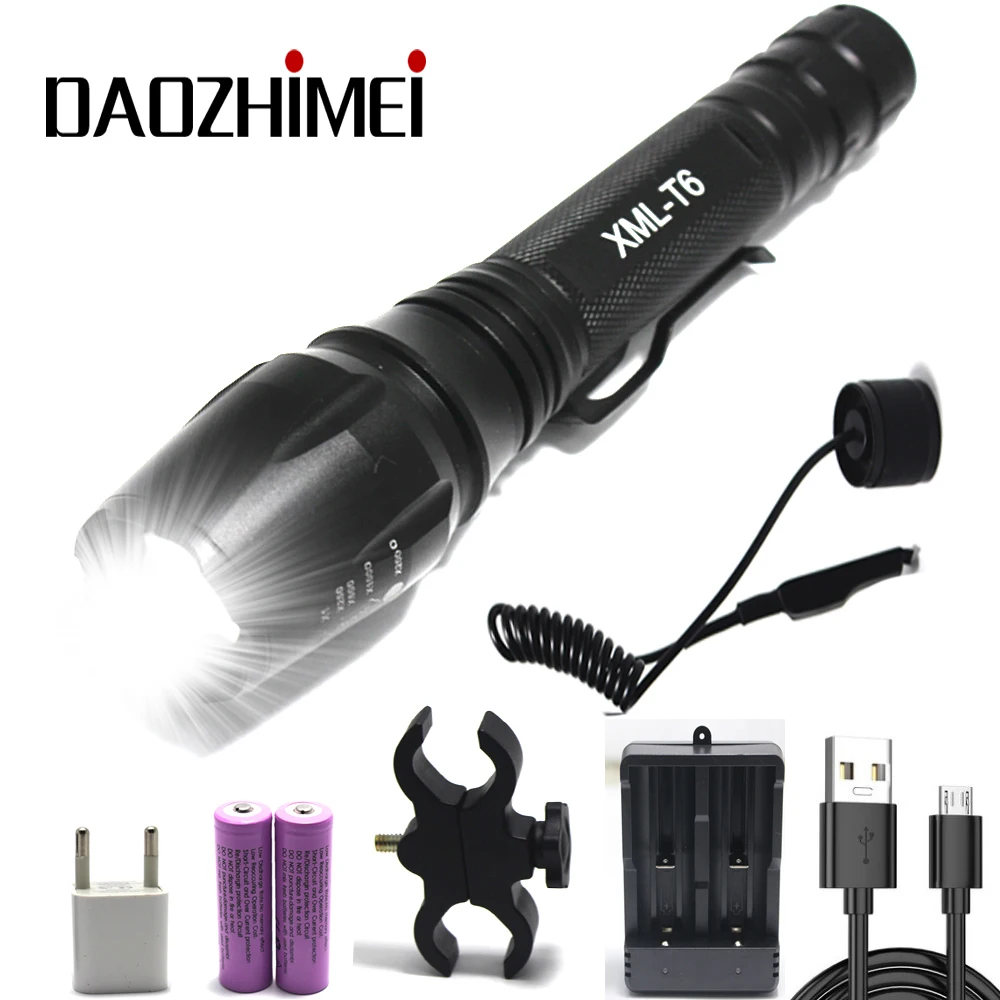 

5000LM XML T6 lamp bead LED Zoomable Focus Flashlight Torch Light Camping Torch Lamp +2x18650 Battery+ Charger