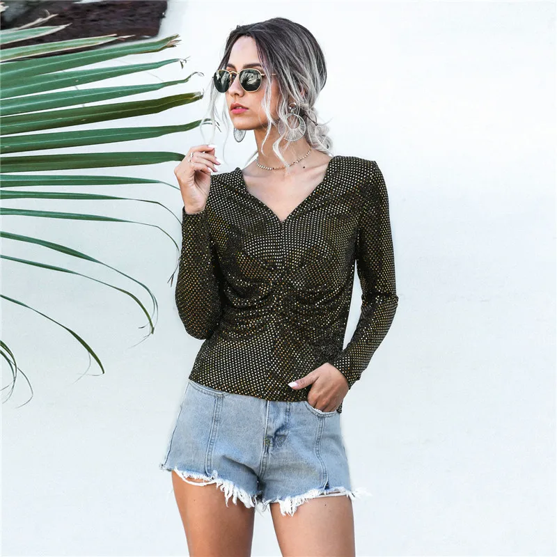 Fashionable 2021 New Spring Summer Sequined Polka Dot V Neck Long Sleeved Top Women's Party Stretch Sexy Blouses Female
Fashionable 2021 New Spring Summer Sequined Polka Dot V Neck Long Sleeved Top Women's Party Stretch Sexy Blouses Female