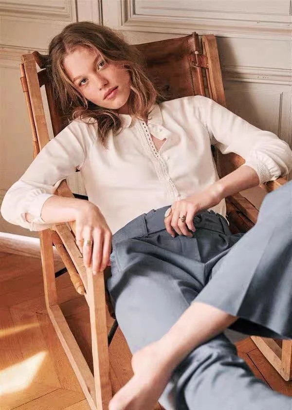 2021 spring new style ladies shirt silk beige V-neck