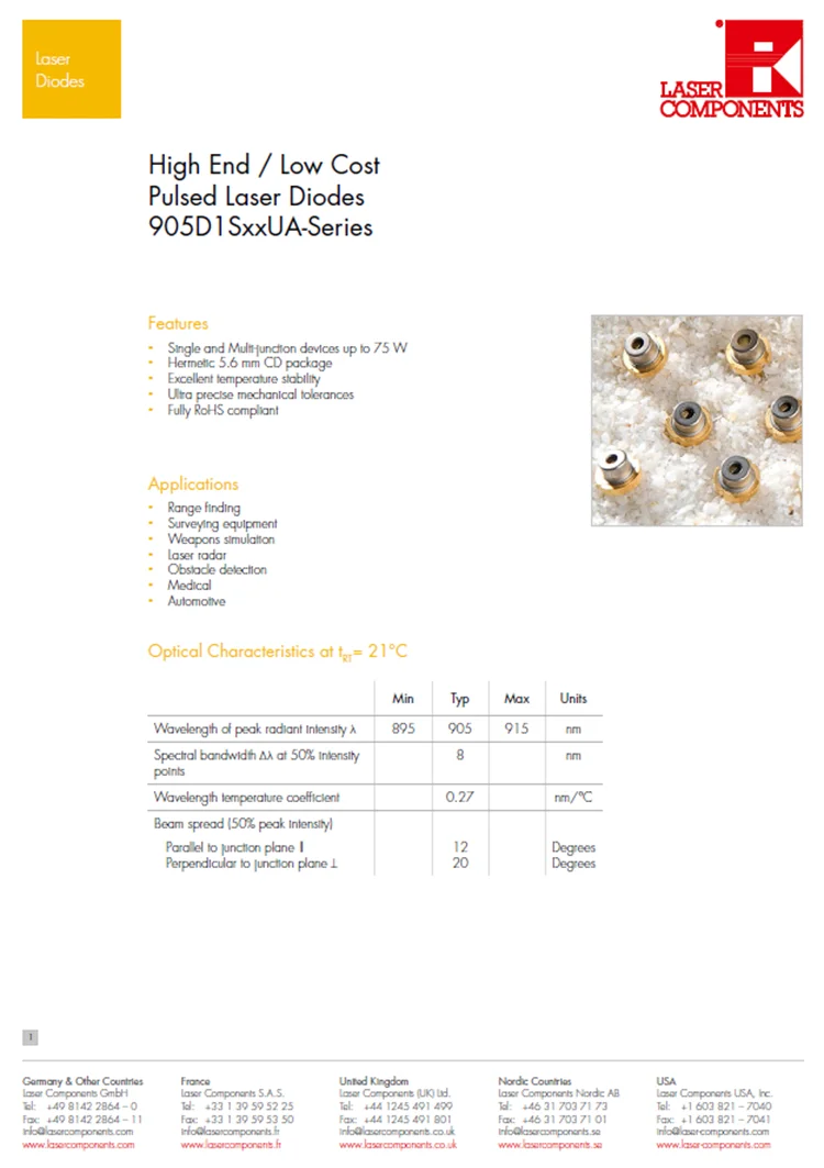 75W 905nm Pluse infrared laser diode Laser Components 905nm LD 75W /metal package
75W 905nm Pluse infrared laser diode Laser Components 905nm LD 75W /metal package