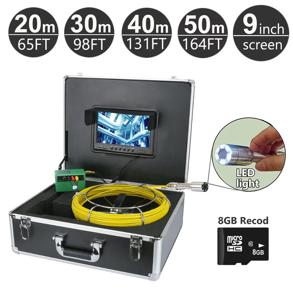 

20 - 50M Sewer Pipe Inspection Camera System 9" Monitor 1000TVL Snake Drain Waterproof Video Camera DVR Function with 8GB Card