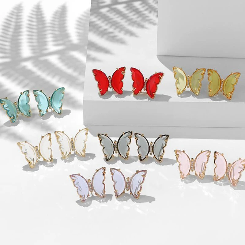 Transparent Crystal Glass Butterfly Earrings for Women Fashion Elegant Shiny Glass Statement Stud Earrings Bijoux Korean Jewelry