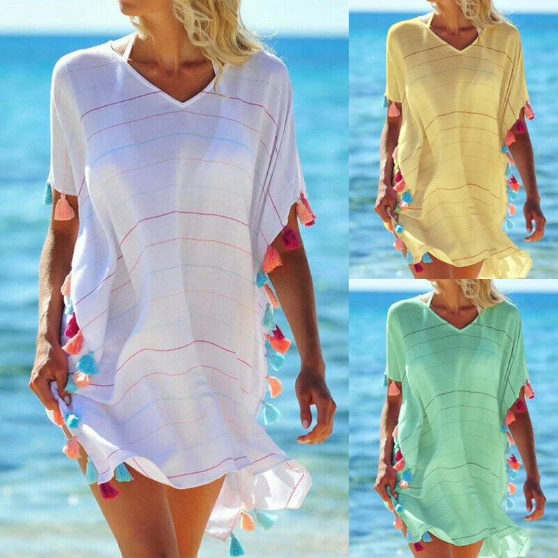 Women Tassel Dress Summer V Neck Ladies Blouse Shirt Swimming Tops Striped Bikini Cover Up Swimwear Beach Dress Salida De
Women Tassel Dress Summer V Neck Ladies Blouse Shirt Swimming Tops Striped Bikini Cover Up Swimwear Beach Dress Salida De