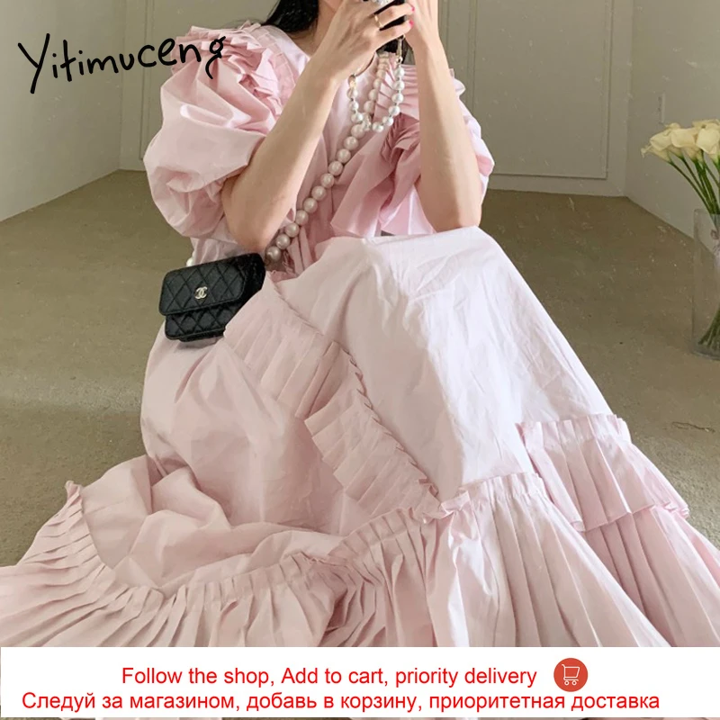 Yitimuceng Ruched Dresses for Women Oversize Puff Sleeve Loose Waist Apricot White Pink Clothes 2021 Summer Fashion Midi Dress
Yitimuceng Ruched Dresses for Women Oversize Puff Sleeve Loose Waist Apricot White Pink Clothes 2021 Summer Fashion Midi Dress