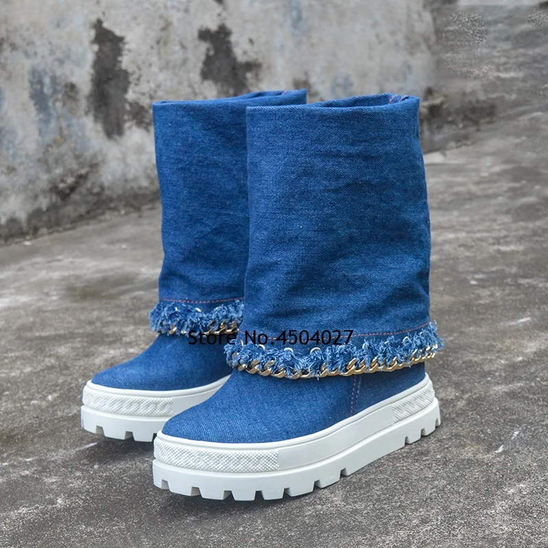 Fashion Denim Platform Boots Ladies Round Toe Metal Decoration Boots Autumn Womens Slip On Wegde Shoes
Fashion Denim Platform Boots Ladies Round Toe Metal Decoration Boots Autumn Womens Slip On Wegde Shoes