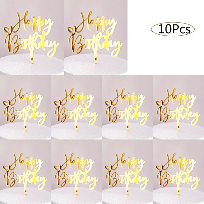 10pcs Happy Birthday Cake Topper Acrylic Gold Toppers Party Supplies Decorations Promotional Items | Дом и сад