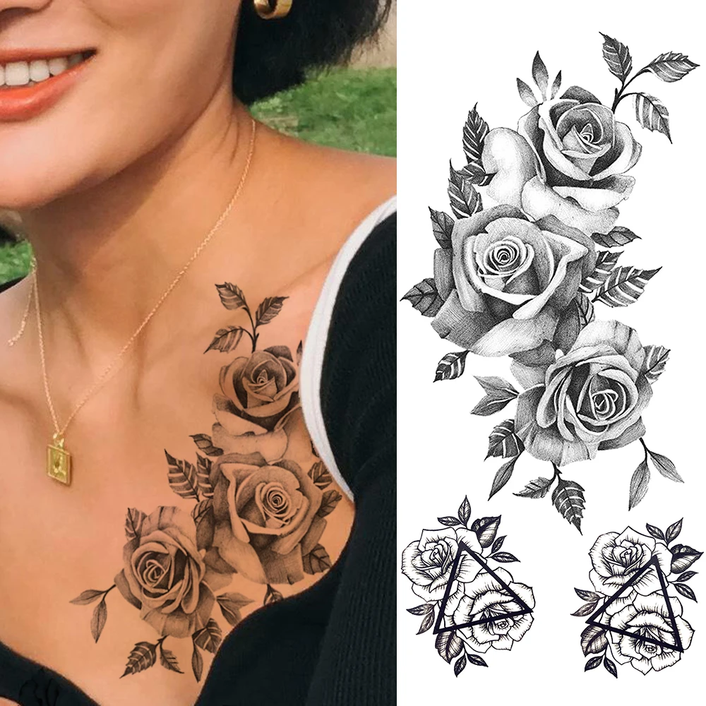 

Горячая черная Роза временные татуировки наклейки водостойкие поддельные геометрические цветы тату для женский боди-арт рисунок руки груд...