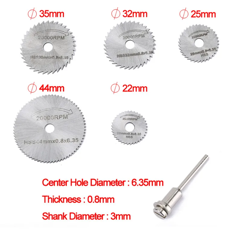 

6Pcs/set Dremel Accessories HSS Circular Saw Blades Cutting Disc Mandrel Rotary Drill Wood Cutting Power Tools 22/25/32/35/44mm