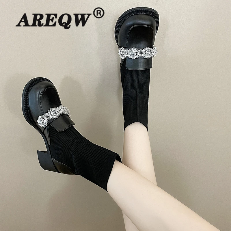 Slim Short Boots Woman Mid Calf Boot Elastic Fabric Rhinestone Square Heel Women's Shoes 2021 Female Footware BLACK
Slim Short Boots Woman Mid Calf Boot Elastic Fabric Rhinestone Square Heel Women's Shoes 2021 Female Footware BLACK