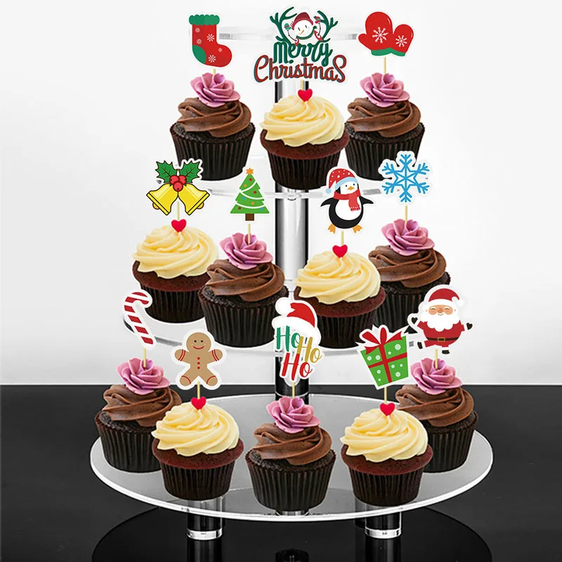 

15Pcs Christmas Paper Flags Cake Topper Cartoon Xmas Theme Snowflake Picks Decorations Cake Santa Claus Plug-in Party Supplies