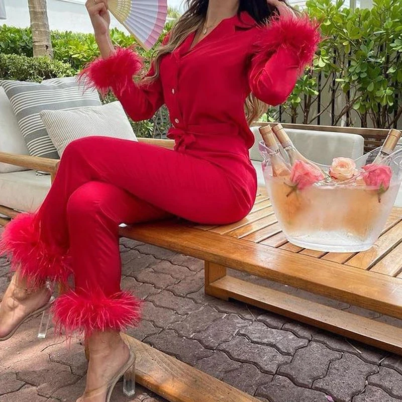 Women Set Solid Feather Full Sleeve Notched Collar Single Breasted Tops Loose Pants Two 2 Piece Sets Fall Homewear 2021
Women Set Solid Feather Full Sleeve Notched Collar Single Breasted Tops Loose Pants Two 2 Piece Sets Fall Homewear 2021