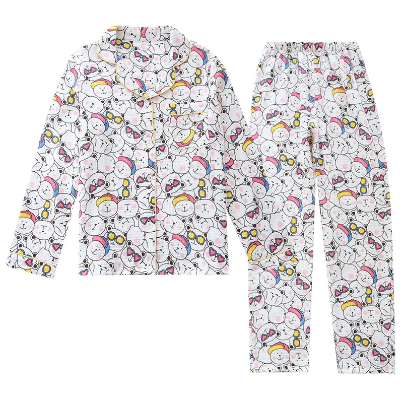 Spring Long-sleeved Cute Pyjamas Cotton Gauze Cartoon Loungewear Lapel Print Bear Sleepwear Two Piece Lounge Set Home Clothing
Spring Long-sleeved Cute Pyjamas Cotton Gauze Cartoon Loungewear Lapel Print Bear Sleepwear Two Piece Lounge Set Home Clothing