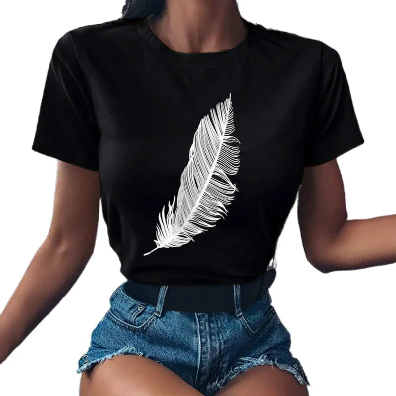 2021 Women casual Harajuku fashion t-shirt feather print loose o-neck short sleeve elastic stretched summer home new Tee Shirt
2021 Women casual Harajuku fashion t-shirt feather print loose o-neck short sleeve elastic stretched summer home new Tee Shirt