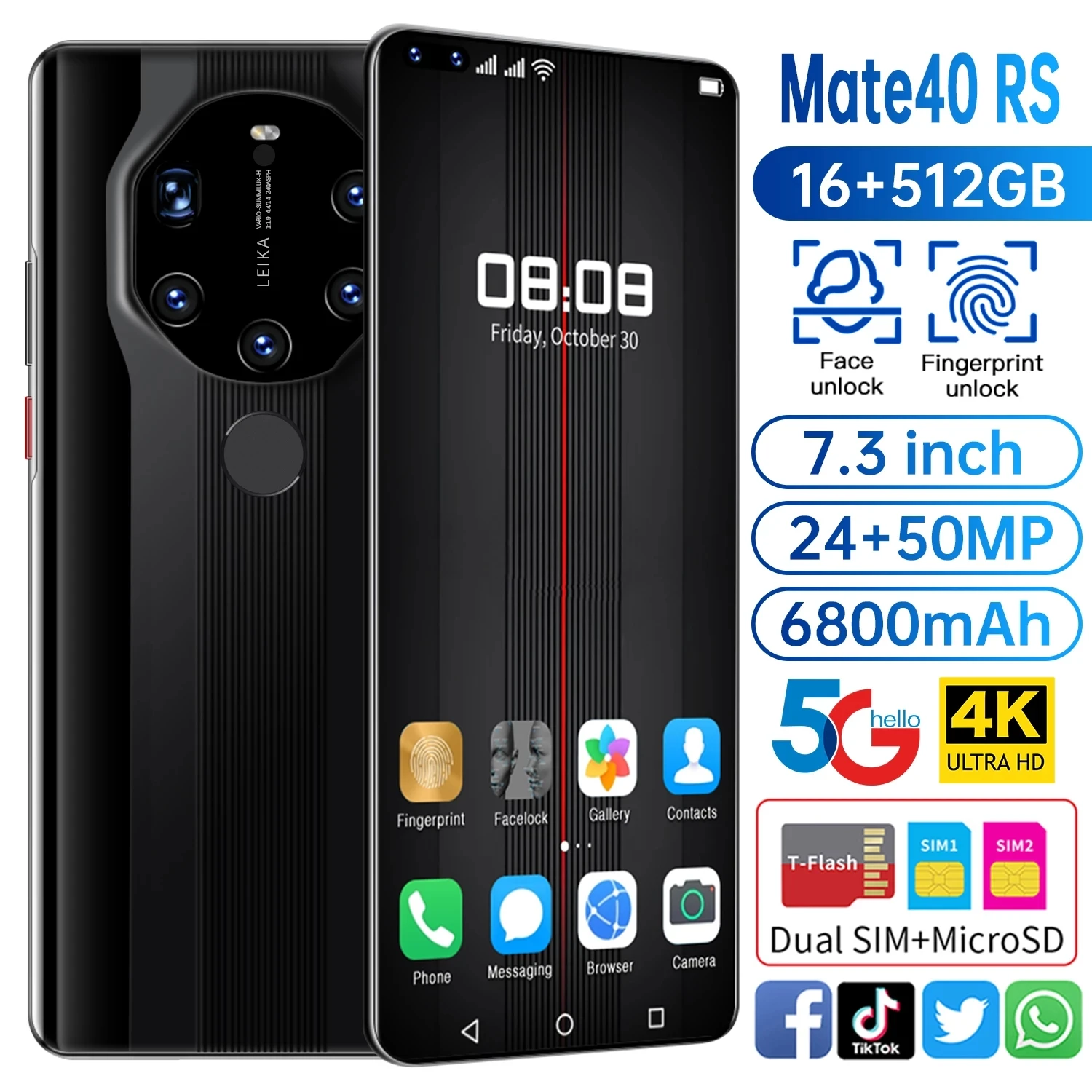 Mate40 RS-Global Version Smartphone, 7.3 inch HD Screen Smartphone, 16 + 512GB, 10 Core, 6800mAh, Face ID, Fingerprint Unlock, 5
Mate40 RS-Global Version Smartphone, 7.3 inch HD Screen Smartphone, 16 + 512GB, 10 Core, 6800mAh, Face ID, Fingerprint Unlock, 5