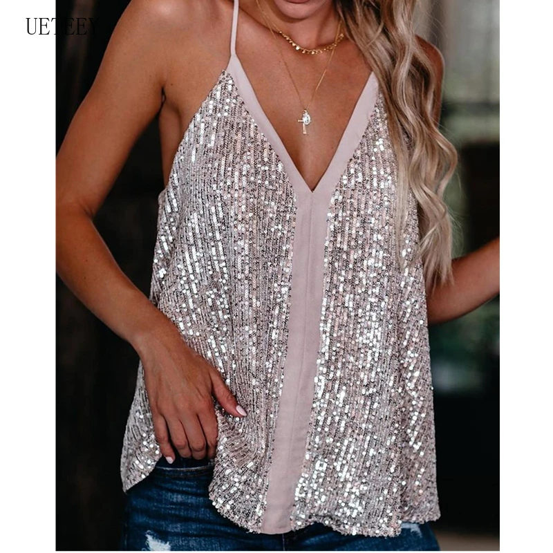 2020 Summer Women Camisole Casual V Neck Sequins Strappy Tank Top Vest sleeveless Solid Blouse Tee Female Clothing
2020 Summer Women Camisole Casual V Neck Sequins Strappy Tank Top Vest sleeveless Solid Blouse Tee Female Clothing
