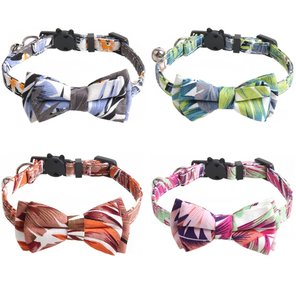 

Breakaway Cat Collar with Bow Tie and Bell Hawaii Style Leaf Pattern Dog Safety Kitten Collars Soft Adjustable Bowties for Dogs