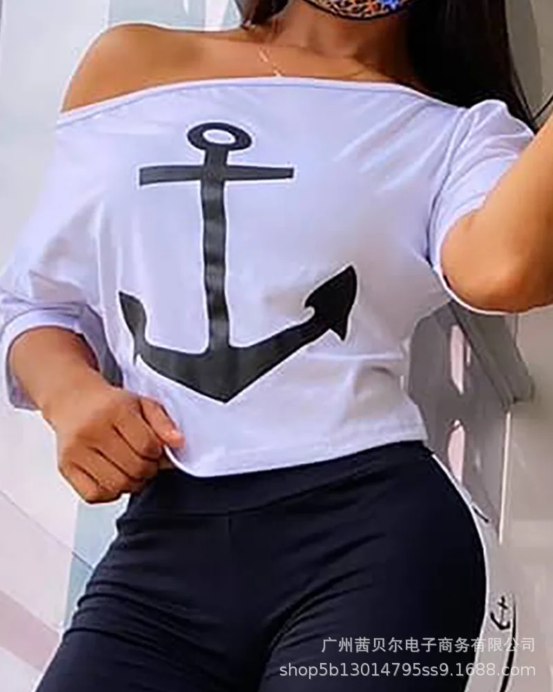 Women Suit One-shoulder Cotton Summer Sports and Leisure Stitching White Anchor Print Short-sleeved Top Trousers Suit
Women Suit One-shoulder Cotton Summer Sports and Leisure Stitching White Anchor Print Short-sleeved Top Trousers Suit
