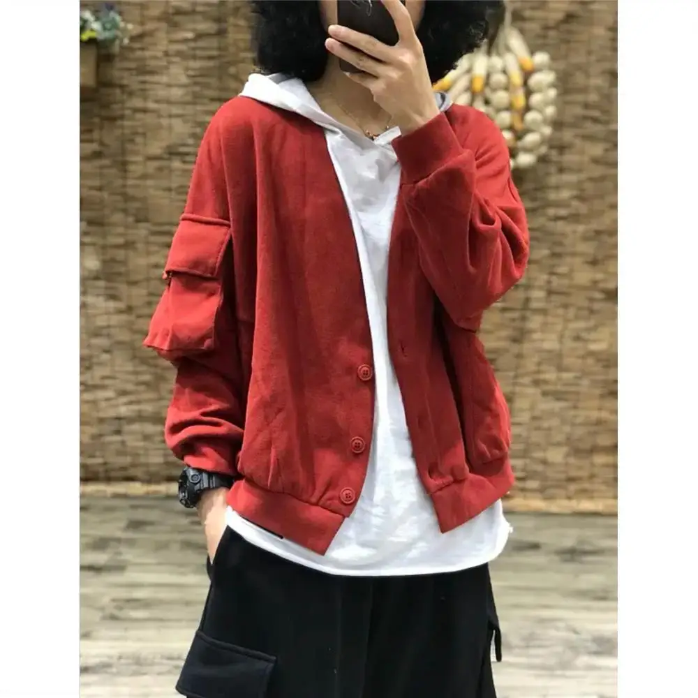 Women 2021 Spring Autumn New Fashion V-neck Loose Coats Female Short Big Pocket Jackets Ladies Hoodie Sweatshirt Overcoats W185
Women 2021 Spring Autumn New Fashion V-neck Loose Coats Female Short Big Pocket Jackets Ladies Hoodie Sweatshirt Overcoats W185