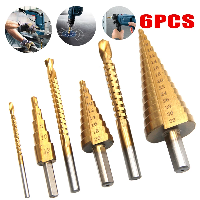 6PCS Step Drill Bits Set 4-12/4-20/4-32mm Hole Saw Cutting Metal Drill Bits Titanium Coated Step Metal High Speed Drill Bit
6PCS Step Drill Bits Set 4-12/4-20/4-32mm Hole Saw Cutting Metal Drill Bits Titanium Coated Step Metal High Speed Drill Bit