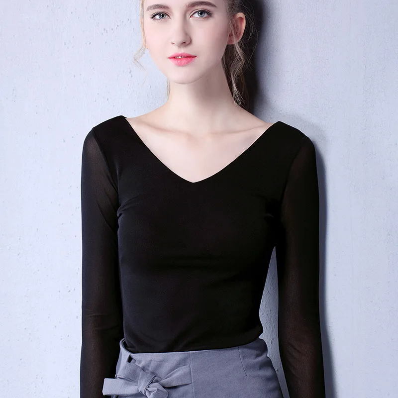 Spring and summer new elastic mesh long sleeve T-shirt bottom shirt slim sexy front and back V-neck yarn shirt girl
Spring and summer new elastic mesh long sleeve T-shirt bottom shirt slim sexy front and back V-neck yarn shirt girl