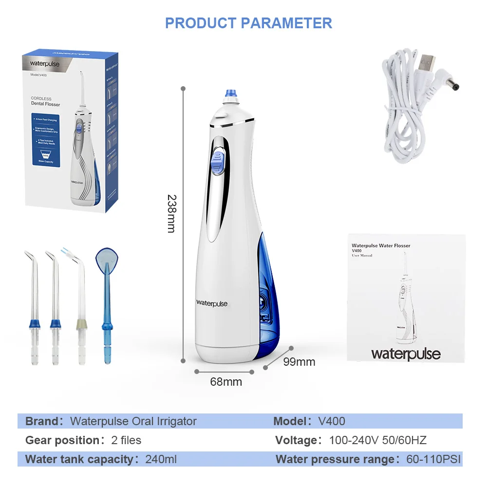 Waterpulse V400 Portable Water Dental Flosser One Mode Key Electric Oral Irrigator Water Jet USB Rechargeable Dental Irrigator
Waterpulse V400 Portable Water Dental Flosser One Mode Key Electric Oral Irrigator Water Jet USB Rechargeable Dental Irrigator