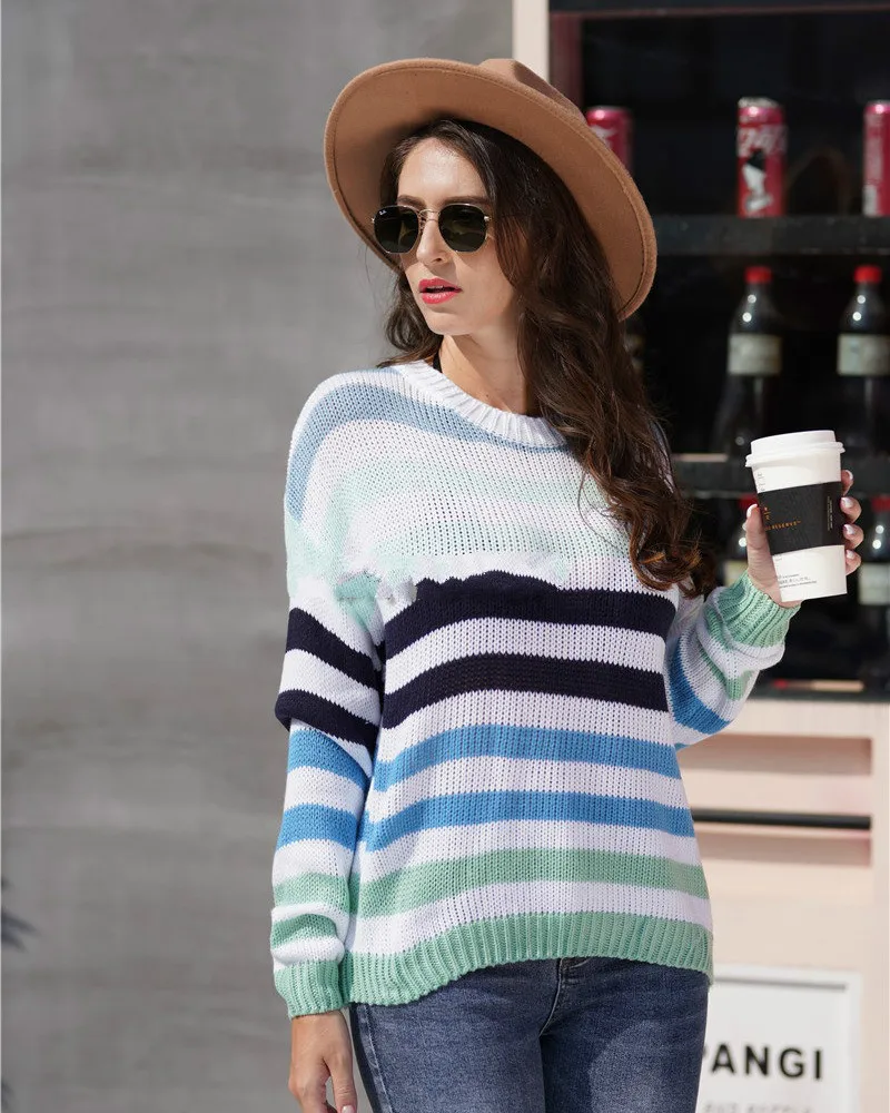 2020 Europe and The United States autumn/winter rainbow contrast striped knitwear women round neck pullover sweater women 
2020 Europe and The United States autumn/winter rainbow contrast striped knitwear women round neck pullover sweater women
