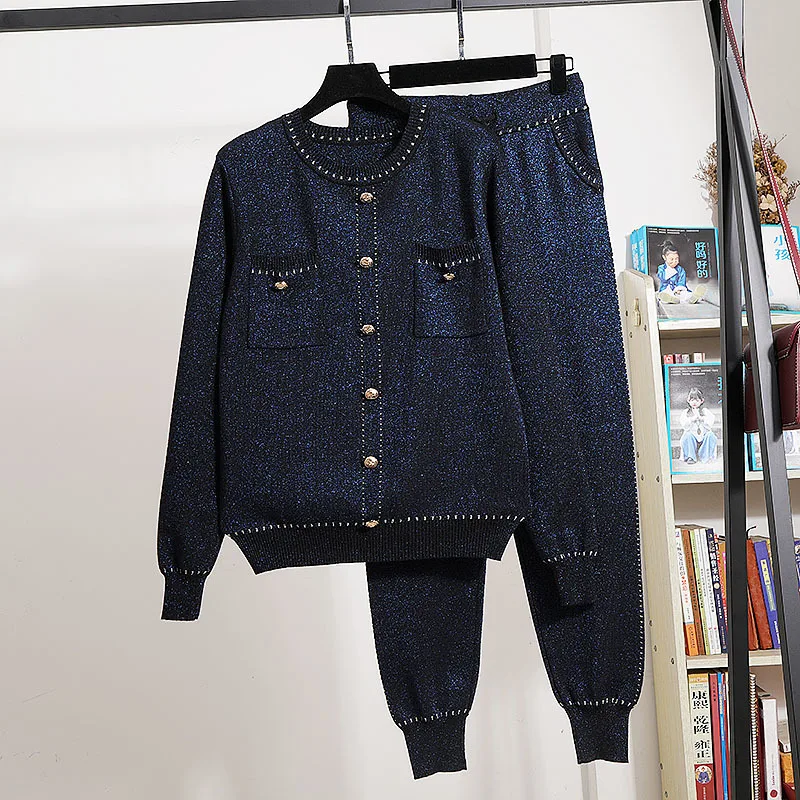 Navy Blue Bright Silk Knit Tracksuits Outfits Female O-Neck Cardigan Sweater Pencil Pants Suit Female Loose Knitted 2 Piece Set
Navy Blue Bright Silk Knit Tracksuits Outfits Female O-Neck Cardigan Sweater Pencil Pants Suit Female Loose Knitted 2 Piece Set