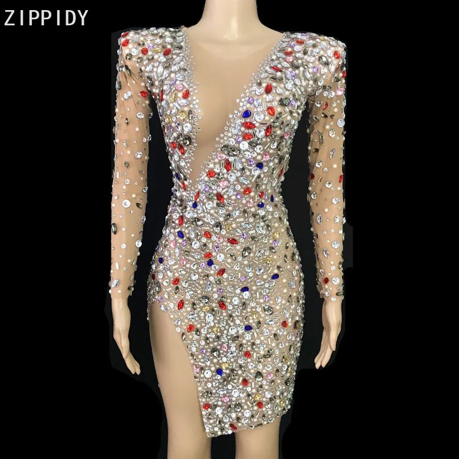 

Colorful Stones Pearls Mesh MINI Dress Prom Party Evening Sexy Female Singer Show Costume Birthday Celebrate Dress