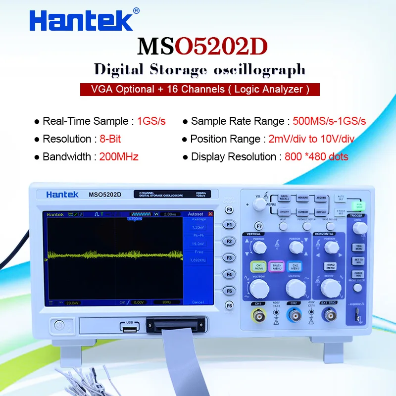 

Hantek MSO5202D Digital Oscilloscope 200MHz 2Channels 1GSa/s 16Channels Logic Analyzer 2in1 USB 800x480
