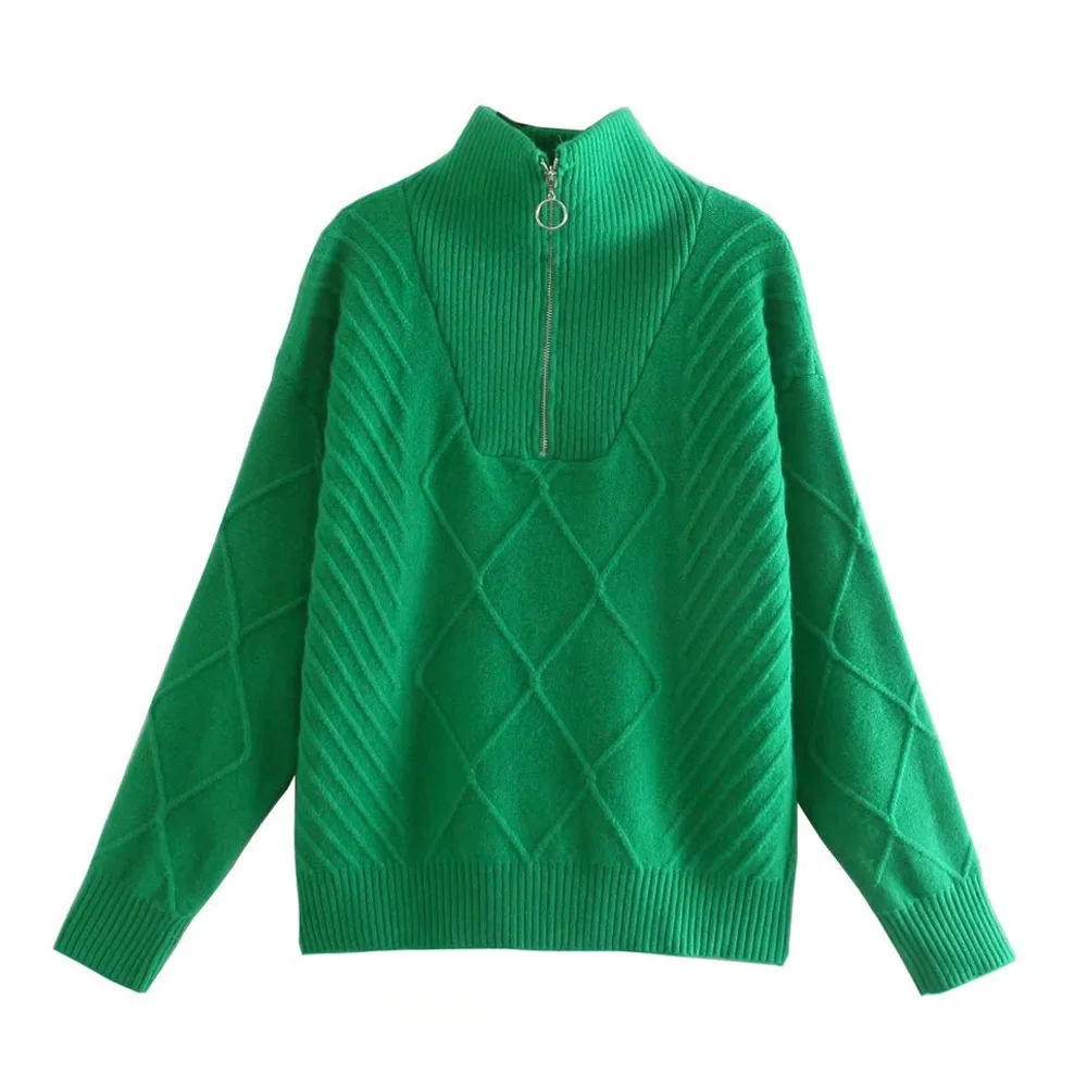 Women Fashion Loose Zip-up Knitted Green Sweater Vintage High Neck Long Sleeve Female Pullover Chic Tops
Women Fashion Loose Zip-up Knitted Green Sweater Vintage High Neck Long Sleeve Female Pullover Chic Tops
