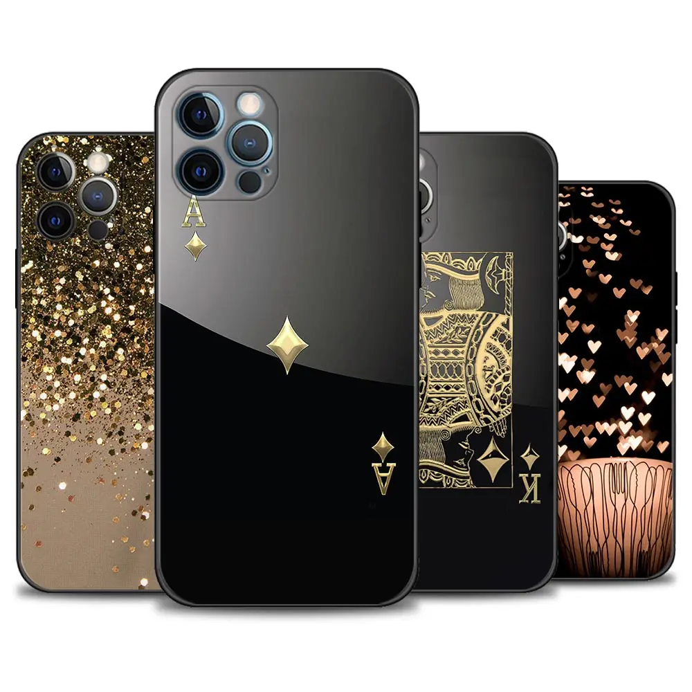 

Phone Para For iPhone 12 11 Pro Max XR XS X 7 8 6 6S Plus SE Cover Black Case Soft Capa Ace Of Diamonds In Gold Art