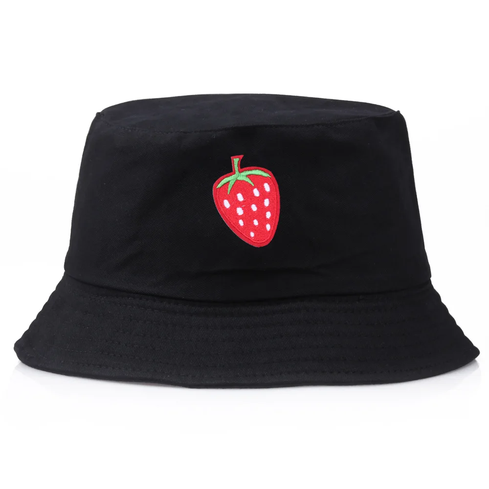 

Embroidery Strawberry Bucket Hats For Women Summer Girls Panama Caps 2021 Outdoor Beach New Fishing Men Black Fisherman's Hat