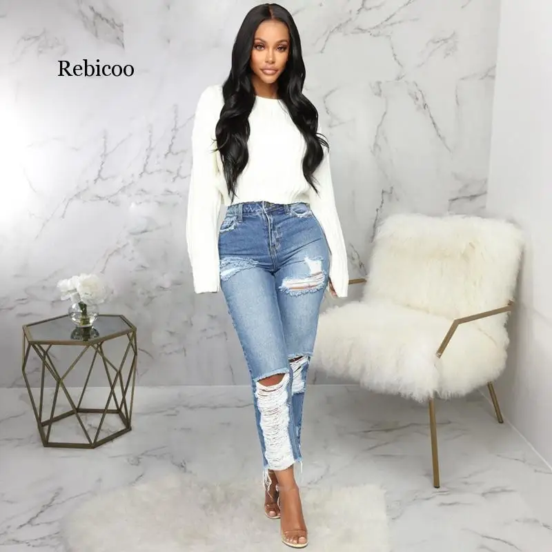 

Women high waisted jeans Casual Pencil denim pants Sexy Hole Ripped calca jeans Stretch Push Up Skinny Trousers boyfriend jeans