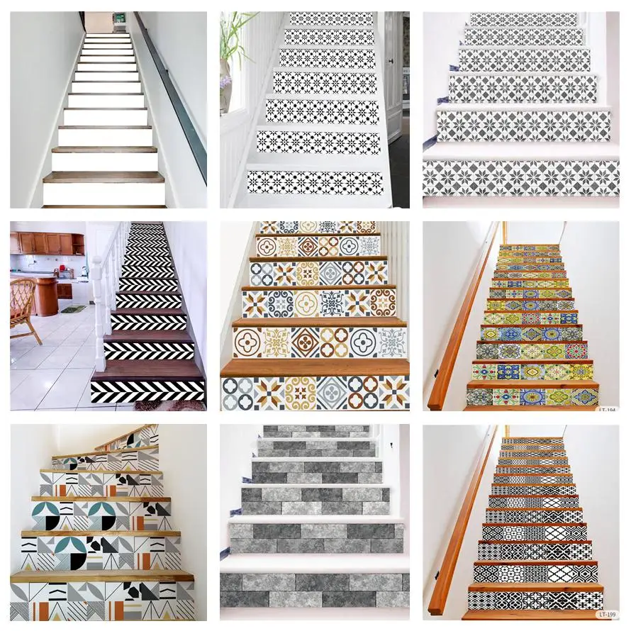 

6 pcs/13 pcs White Art Pattern Stair Cover Stickers Peel & Stick Vinyl Staircase Mural Stair Riser Floor Sticker Wall Decal Home