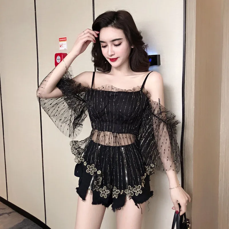Fashion Cold Shoulder Women Lace Blouse See Through Women's Shirts Tube Top with Ruffles Irregular Mesh Gauze Tops Sexy Blusas
Fashion Cold Shoulder Women Lace Blouse See Through Women's Shirts Tube Top with Ruffles Irregular Mesh Gauze Tops Sexy Blusas