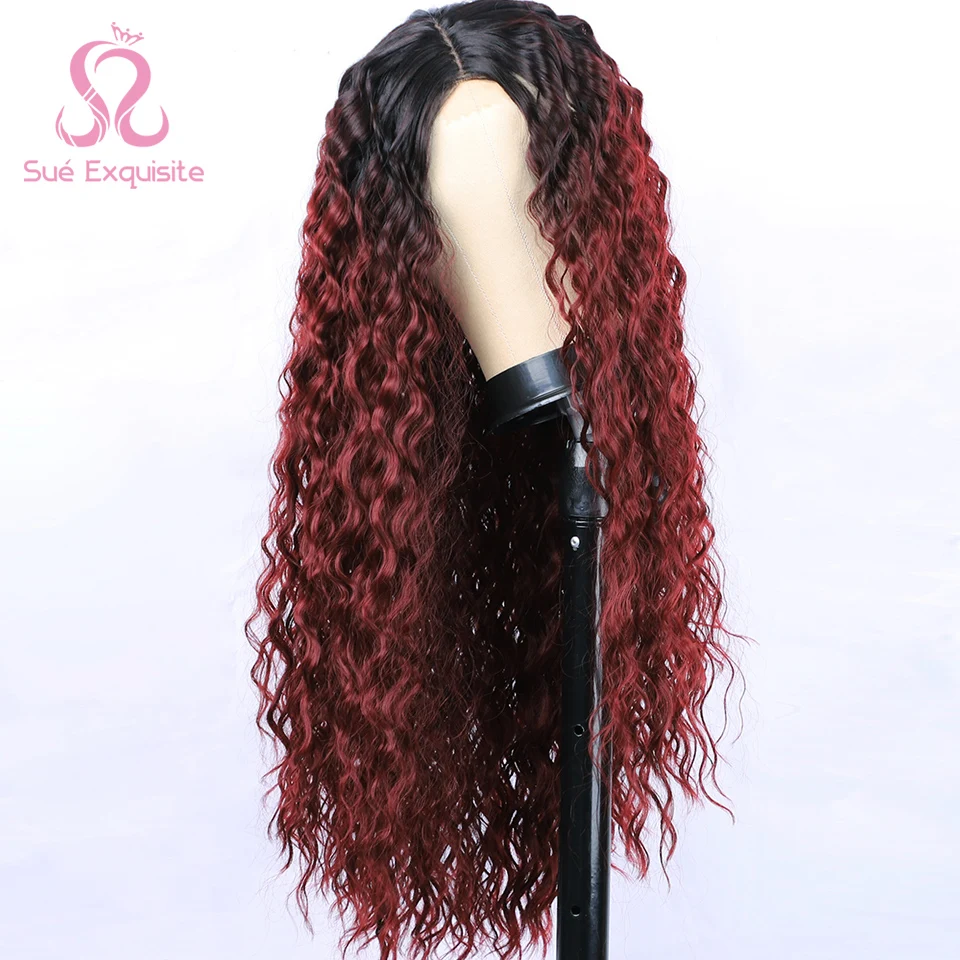 Изысканный длинный кудрявый парик SUe для чернокожих женщин красный термостойкий