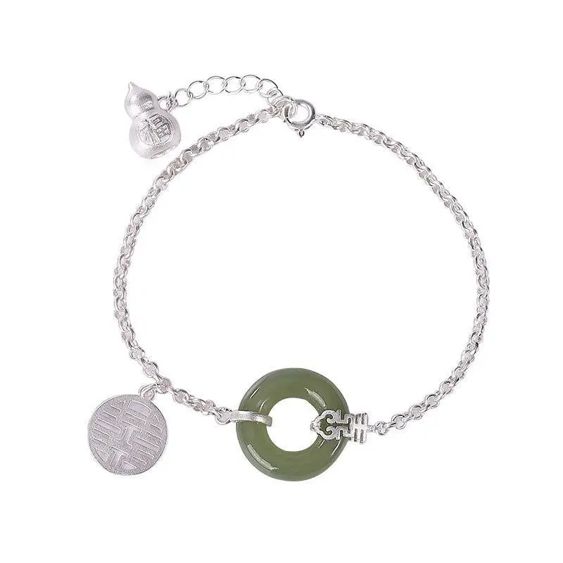 New S925 Sterling Silver Natural Hetian Jade Bracelet Internet Celebrity Dream Girl with Gourd Double Happiness Peace Buckle Anc
New S925 Sterling Silver Natural Hetian Jade Bracelet Internet Celebrity Dream Girl with Gourd Double Happiness Peace Buckle Anc