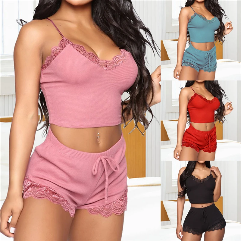 Two Piece Pajamas Set for Women Sexy Lace Top And Shorts Pajama Spaghetti Strap Sleepwear High Elastic Woman Clothes
Two Piece Pajamas Set for Women Sexy Lace Top And Shorts Pajama Spaghetti Strap Sleepwear High Elastic Woman Clothes
