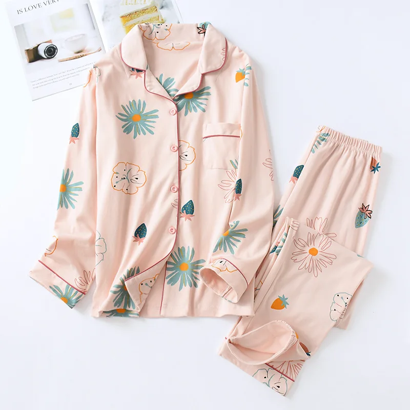 New Cute Sleepwear Women Pajama Sets Cotton Women Feather Print long Sleeve Turn-down Collar Pants Pajama Set Two piece set